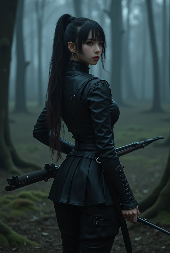 (top quality, 4K, masterpiece :1.3), a cute young beautiful asian woman shemale, dark haired, pale skin, grey eyes, asian slanted eyes, long hairs, red lips, crossbow, earring, Victorian black leather hunter outfit, black boots, pants, high ponytail, braid...