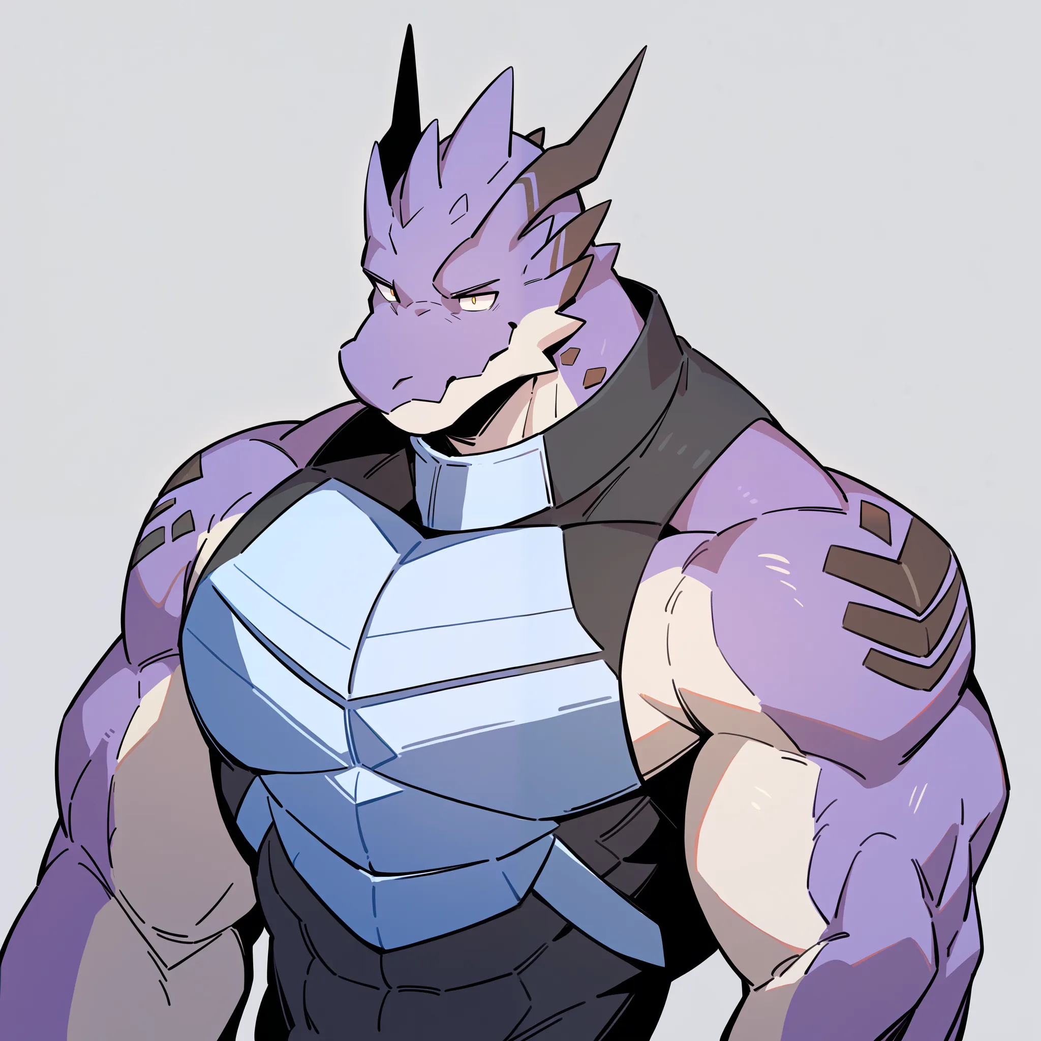 anime characters：1furry, dragonborn, purple scails, purple skin, sleeveless sci-fi armor, huge, rugged, strong, bara, large shoulders, wide back, large chest, huge arms, strong, only, Upper body, alone, black pupils, Light Grey background, simple backgroun...