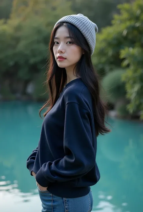 A beautiful Korean girl with long hair wears a beanie,wear a dark blue suwiter,jeans are standing in front of the pool