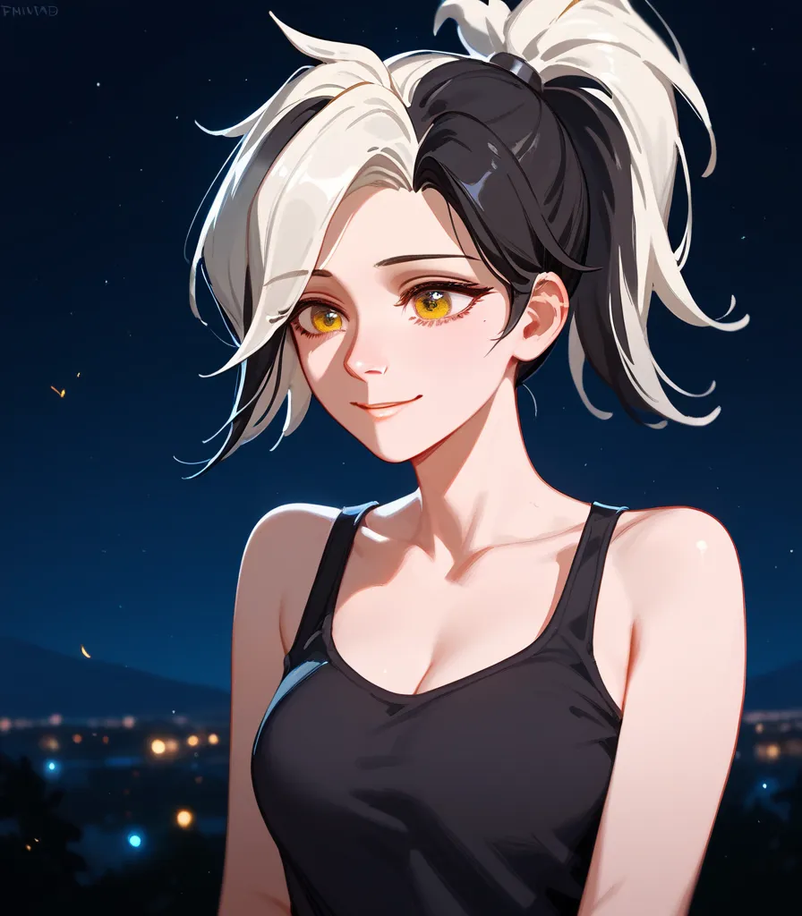 girl,Light white hair ,Multi-colored hair, black hair,in yellow eyes,milf,thin,Patient , Exhaustion,beautiful,medium chest,cute, long hair, tank top,afraid,smile, ponytail, at night,Pity ,Mercy 