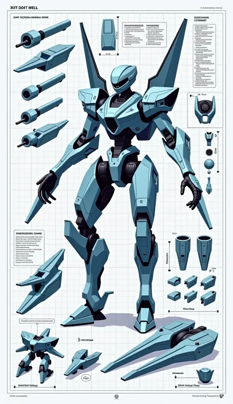 Prompt 17: Develop a flat-style technical blueprint for assembling a modern combat robot, tailored for modeling. Highlight an aerodynamic body with wing elements and a prominent, defined silhouette. Provide exploded views, cross-sectional cutaways, and met...