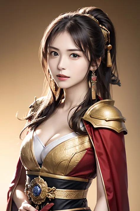 The upper body of a female warrior wearing red and gold armor and cloak, 1 person, cute ponytail ,20 years old, (((Real Face))), slightly larger breasts and cleavage,  reveal cleavage,Scary face,  very fine face and skin texture , is staring at the camera,...