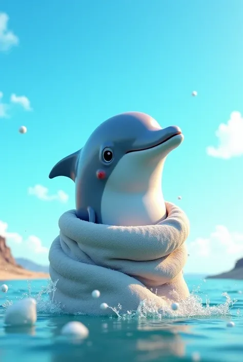 Video of a dolphin coming out of the sea with a towel