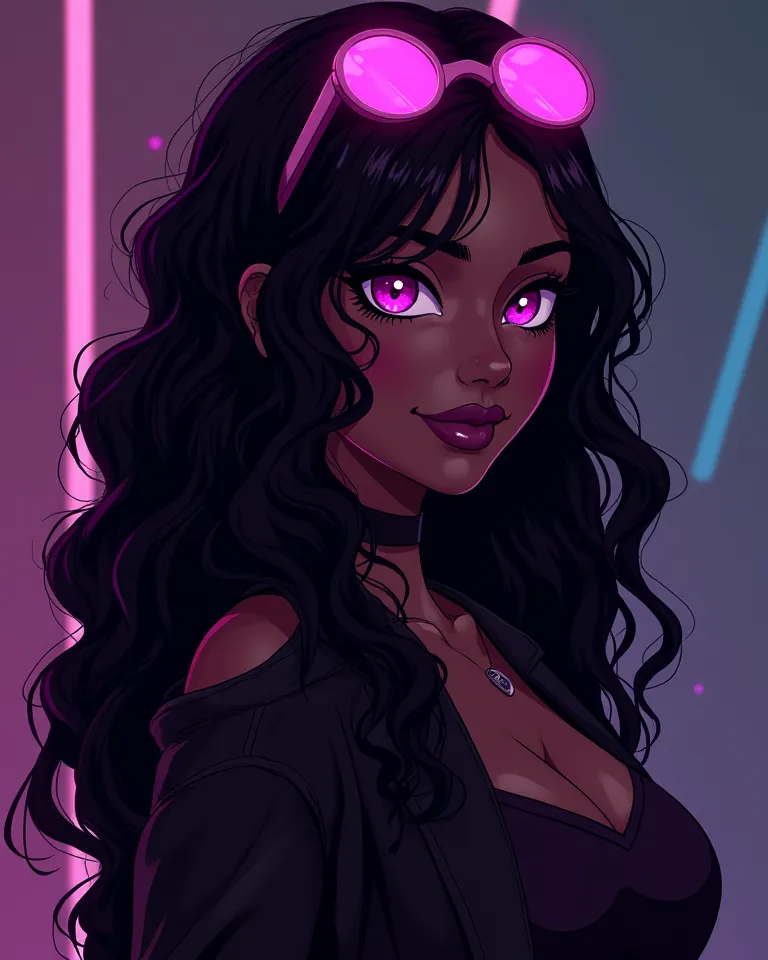  Black Girl,  Arcane style, Jinx glasses on the top of her head, long wavy hair, long black wavy hair with purple highlights, Smiling and Magenta Eyes, in a more cyberpunk world, sombras  Arcane style, a little more serious and messing with poison