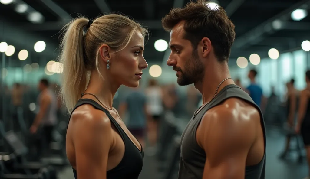 Real image of hot 40-year-old mature woman looking at younger man at the gym excited. 