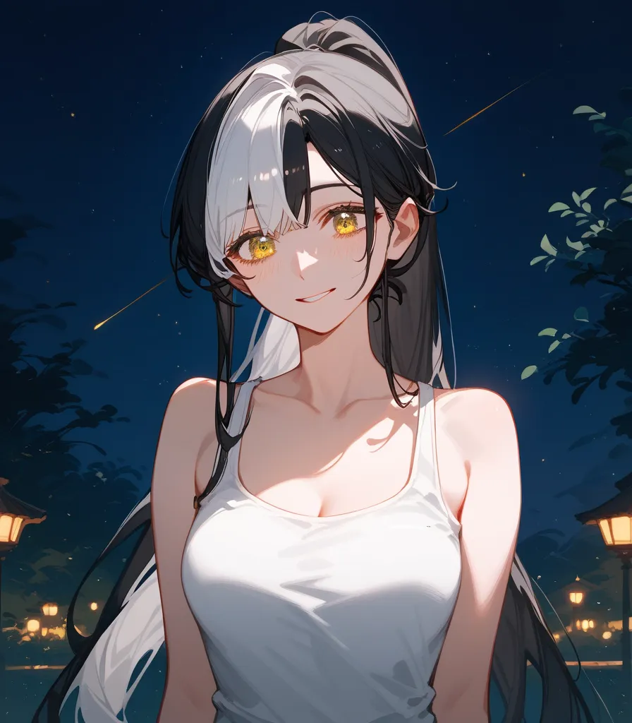 girl,Light white hair ,Multi-colored hair, black hair,in yellow eyes,milf,thin,Patient , Exhaustion,beautiful,medium chest,cute, long hair, tank top,afraid,smile, ponytail, at night,Anime,Drama