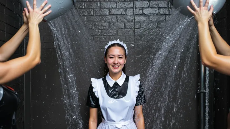 A beautiful young Japanese woman wearing a maid outfit stands in front of a dark-coloured brick wall as several other women throw water in her face from buckets, completely soaking her.