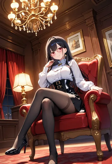 A confident and elegant woman with long black hair and glasses sits in a luxurious red and gold armchair in a dimly lit, regal room. She wears a white blouse, a tight black corset, a short leather skirt, sheer black stockings, and high-heeled black shoes w...