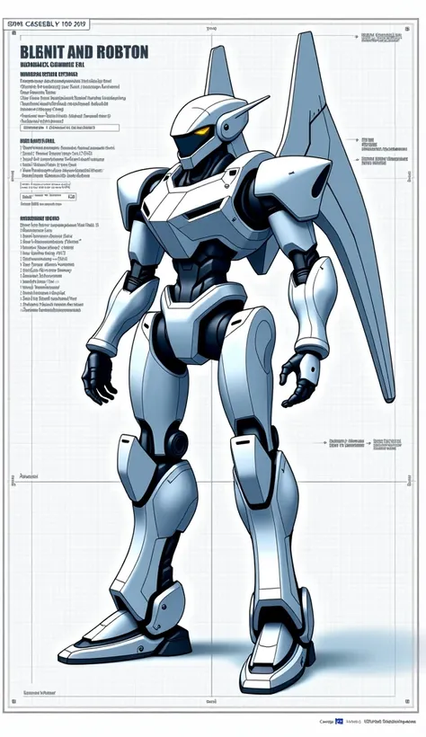 Prompt 21: Craft a detailed technical assembly schematic in blueprint style for a modern combat robot. Highlight a sleek, aerodynamic frame with integrated wings and a combat-ready silhouette. Provide comprehensive exploded diagrams, cross-sectional cutawa...