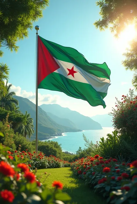 Somaliland flag flying over a beautiful garden with sea and green mountains