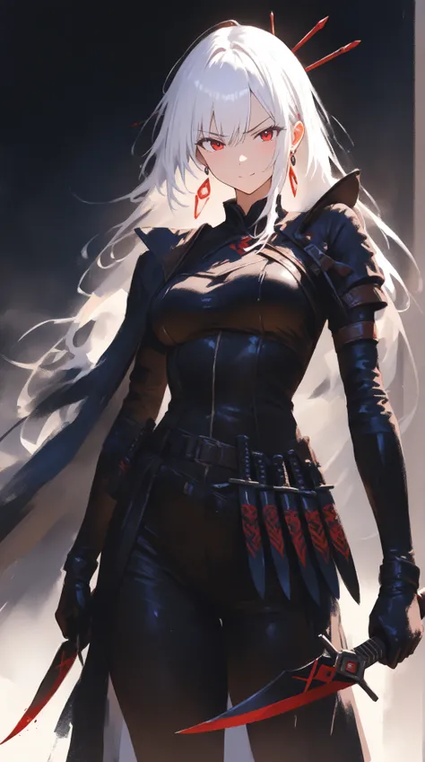 Assasin follows, cool , (long-white-hair), (black-clothes), red hairpin, black gloves Red eyes, distinct line, 8k, wield knife, (two black-knife), scowl at, return blood, dusky blood, Cowboy Shot, depth of field, Traditional Imitation Media, painterly, Imp...