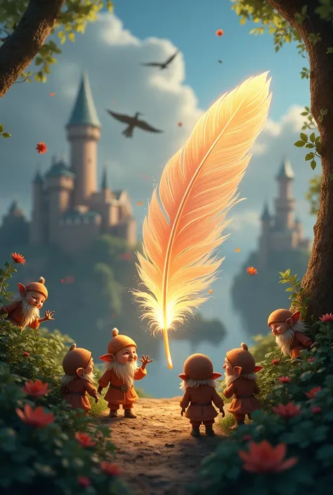 A magical feather suspended in a fairy tale world，The feather is surrounded by small elves and glowing magic particles，The background is a castle and a floating island，There are flying dragons and groups of birds in the sky。