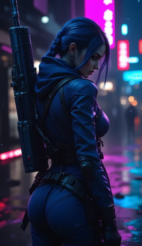 A back-view, ultra-detailed portrait of a fierce, cyberpunk-inspired female character in an anime semi-realistic style. She stands with confidence, holding a massive futuristic bazooka over her shoulder. Her long, electric blue braided hair cascades down h...