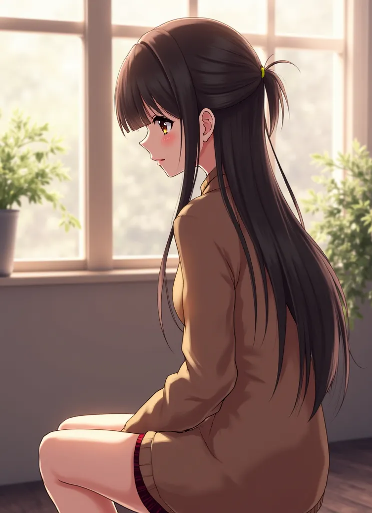 Masterpiece, long darkbrown hair, brown eyes, beautifu, she's wearing a sweater, innocent jealous, sitting, in front of the window, 1 girl, Wearing a brown sweater, yandere, her hair is tied, anime, Tied hair