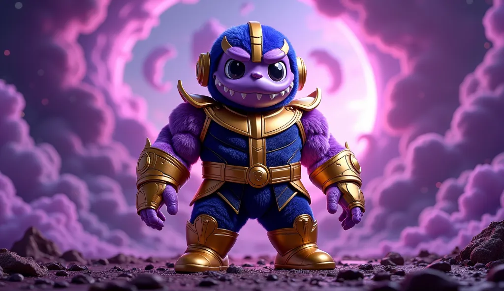 [Prompt: Labubu wearing a Thanos costume, standing front-facing as if about to walk, in a cosmic battlefield with swirling purple clouds, Labubu Style]
