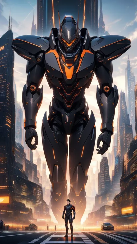 1Man，Alone， male focus ，dark hair， tall body ， fingertip gloves ，Dark Armored Robot Driving Suit，Brown eyes，Upper body，Smile，Future city background
