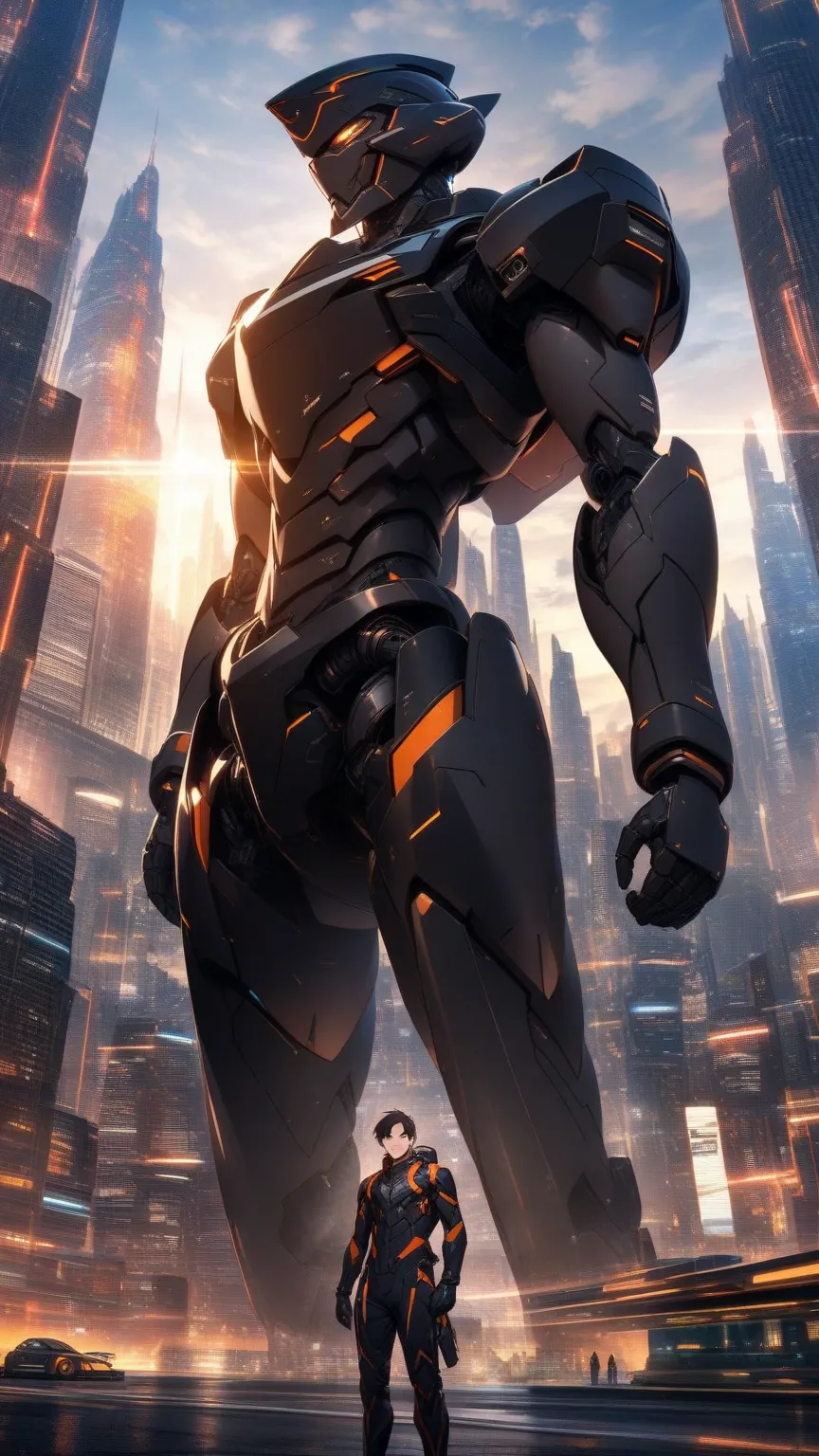 1Man，Alone， male focus ，dark hair， tall body ， fingertip gloves ，Dark Armored Robot Driving Suit，Brown eyes，Upper body，Smile，Future city background
