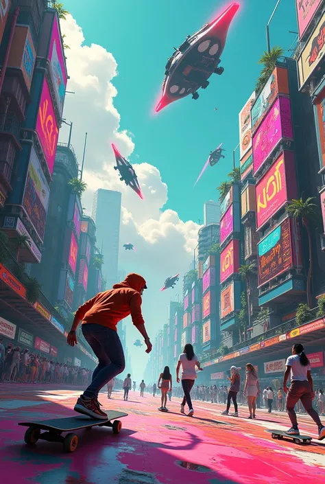  Image Background, Graffiti style futuristic city landscape with flying skateboarders with futuristic skateboards and ships flying through the sky