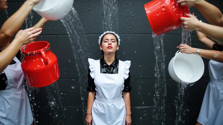 A close-up of a beautiful young Japanese woman wearing a maid outfit standing in front of a dark-coloured brick wall as several other women throw water in her face from buckets, completely soaking her.