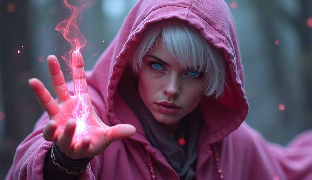 strong guy Magician with short white hair and bristles in a pink hooded robe (blue eyes glow ) heals a bloody man with dark hair with her magic.  Realistic image style, as close as possible to a person's real appearance, fantasy.
