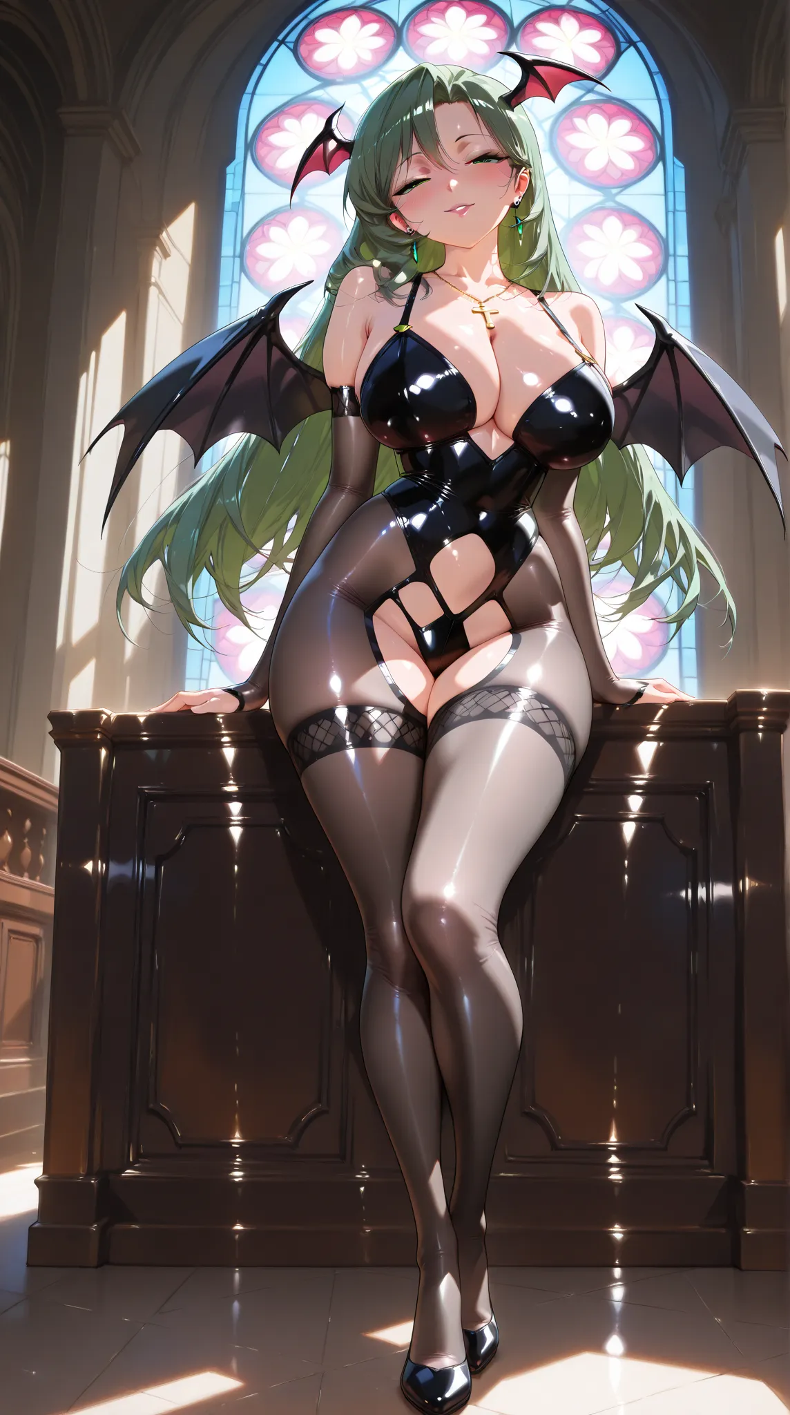 One mature succubus woman, solo, (incredible high resolution, masterpiece, top quality, highly detailed, CG, high quality anime drawing), (naked full body stocking, wearing piercings, earrings, cross necklace,), (green hair, green eyes, half closed eyes, g...