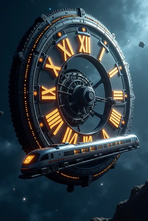 In space, a huge clock with Roman numerals, a train leaves from there 