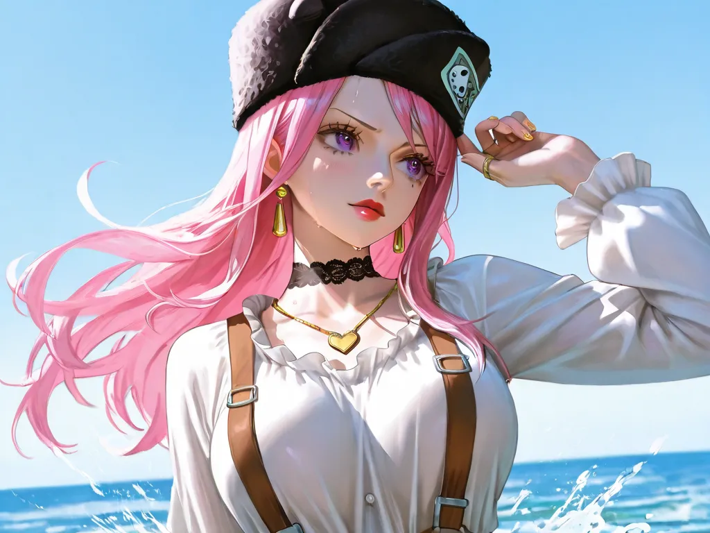 dramatic lighting, cinematic, usnr,32K、's greatest masterpiece、 highest quality、Original Works、Detailed drawing、 detailed eyes 、 detailed face、 detailed lips 、 alone、Beauty、Big Breasts、sweat、 One Piece Characters 、jewelry bonney, (bonney, one piece)、 vibra...