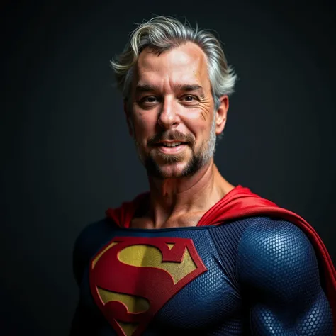 portrait of a 50 year-old-man,zgl,upper body,(dress as superman)(cosplay),modelshoot style,simple background (masterpiece) (photorealistic) (bokeh) (best quality) (detailed skin) (intricate) (8k) (HDR) (cinematic lighting) (sharp focus) 