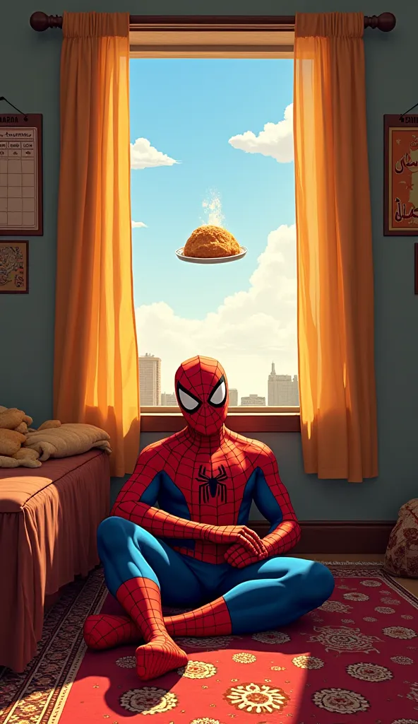 "Inside a cozy Middle Eastern apartment, Spider-Man naps on a Persian-style carpet near an open window. His mask is pulled halfway up, revealing his peaceful yet slightly pained expression as he tries to sleep off his hunger. A Ramadan calendar with Arabic...