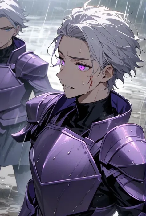  young adult Greek man with short white hair,   hair shaved on the sides, curtain-style haircut, Eyes glowing without pupil, eyes glowing purple, wearing all-purple Greek armor that protects your entire body, wearing a simple black turtleneck blouse undern...