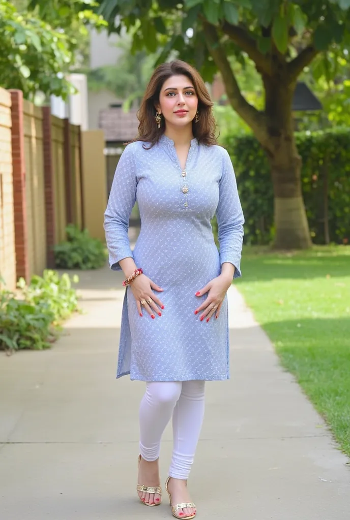 woman outside home wearing Women Kurta Salwar Dupatta Set light pink blue colour, curvy model, beautiful model girl, perfect body, sexy girl, wearing tight shirt, lovely woman, brown hair and a perfect body, very attractive and beautiful, beautiful girl mo...