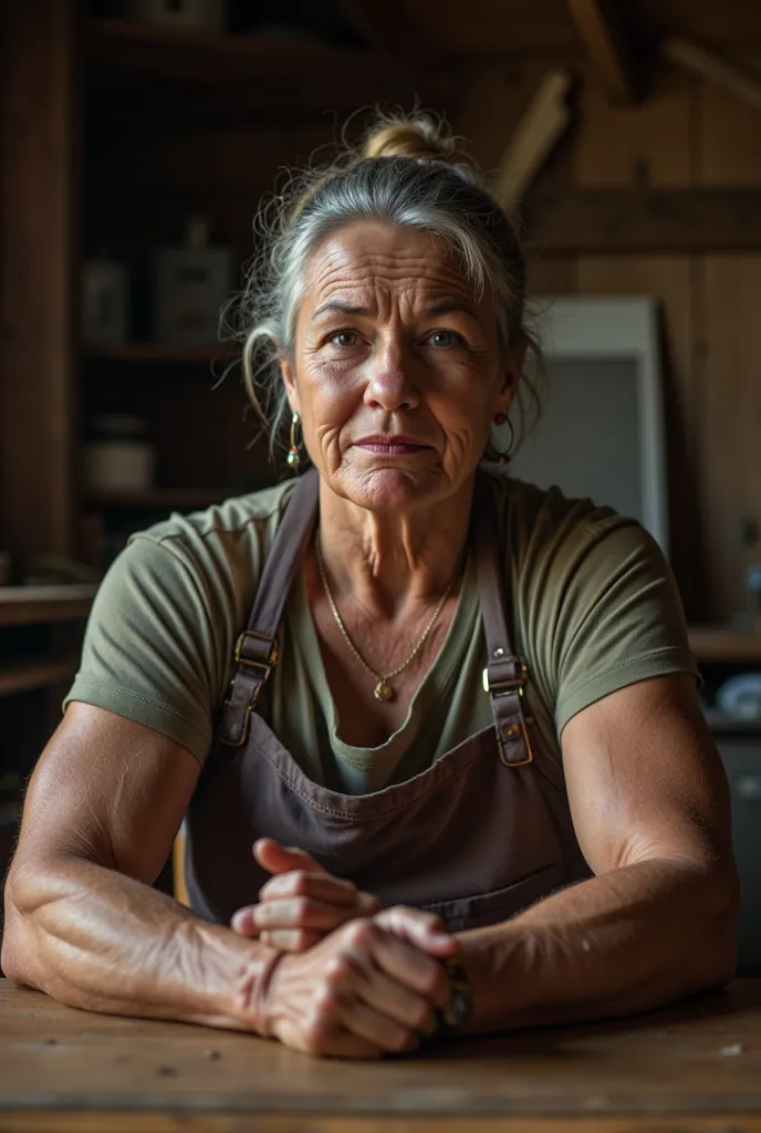 old boxer amish granny sits in the shed with her hands on the table and flexing biceps. I was shocked by her biceps. she is wearing short sleeve clothes.  realistic photo. emotions on the face - she dominates, dominant. thin hands