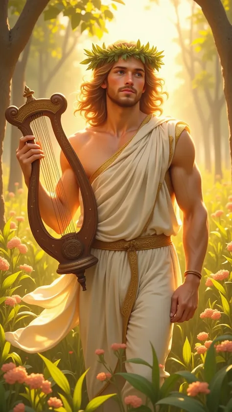 Apollo, a radiant figure of divine beauty, his golden hair shining like the sun itself, cascading in waves over his shoulders. He stands gracefully in a sunlit meadow, his chiseled features glowing with warmth and vitality. Draped in a flowing white and go...