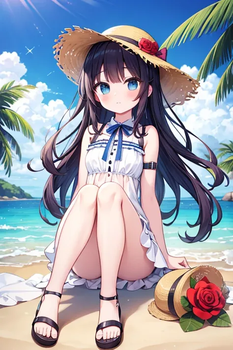 solo anime girl. Fresh and elegant summer beach style, featuring light, translucent fabrics with a romantic vibe. A white sleeveless top that reveals the shoulders and arms, accented with bows and ruffles. A white layered short skirt made of sheer fabric w...