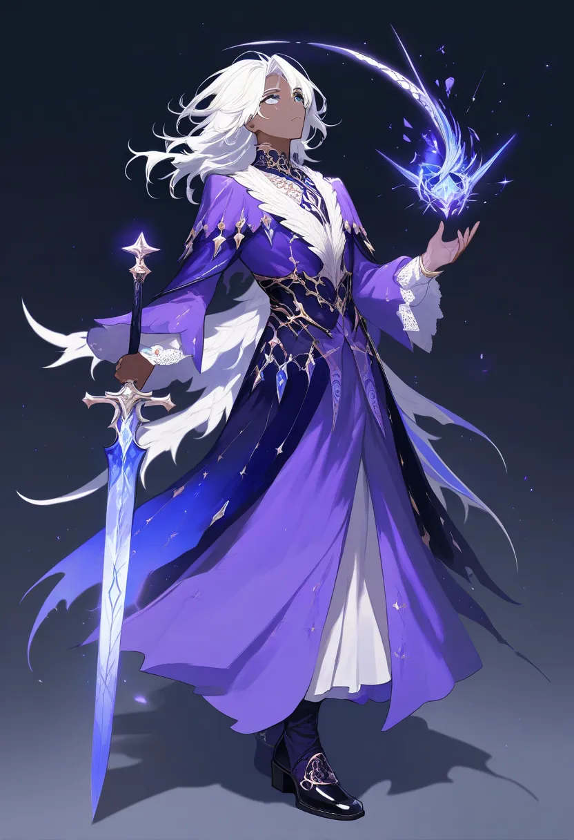 1 man, light skin with scar, spiked and long white hair with black strands, full body, looking up, bright blue eyes, elegant purple clothes, holding a large sword in the right hand, simple background