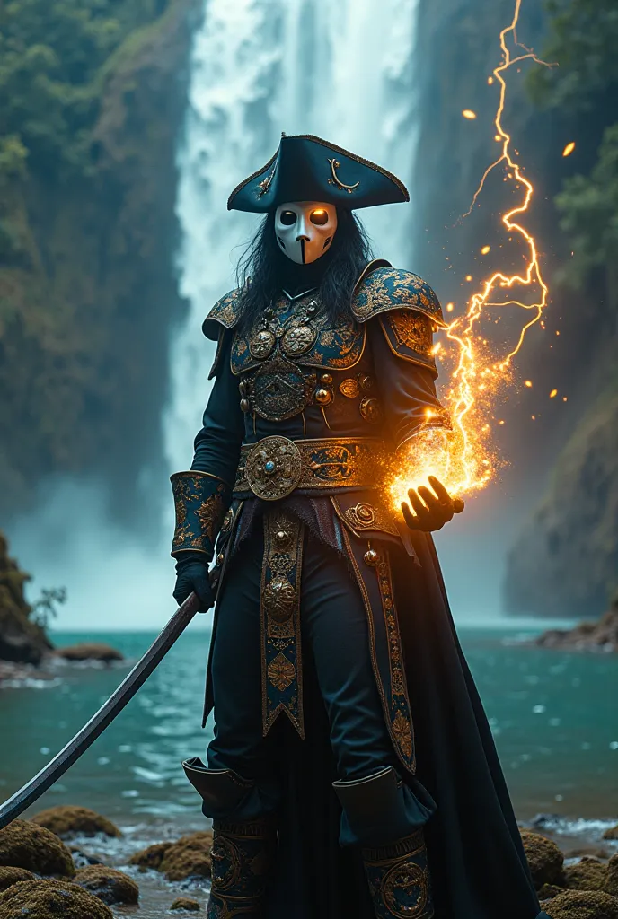 Valor cyberpunk gothic-fantasy Pirate with a mask of the phantom of the opera apperance in the shining golden storm and white thunder with the amazing vibes of lovable pattern beautiful armour in the storm on his chest in the ray of white lapis eyes partic...