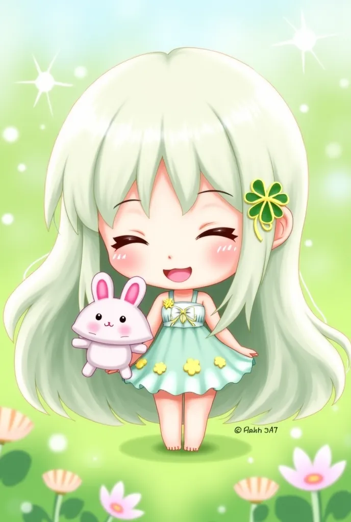 White jade skin ,Chibi girl with long, white, and wavy hair（and smiles, touching the little bunny doll with a smiling face.、smile ,Winking face , Wearing a light sky-colored short dress, Wear a yellow-green clover pin ）,bust ,SDTA ,flower garden background...