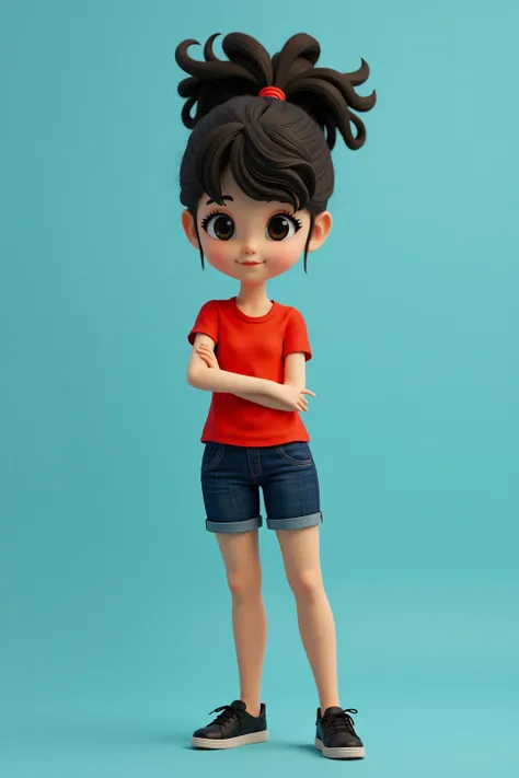 Use the exact face from the source image. Put the face into a full-body 3D Avatar of a chubby, young girl wearing black shoes, black shorts, and a red shirt. Good head-to-body proportion. Good Anatomy. Curly and messy ponytail hair.  Use the precise Face f...