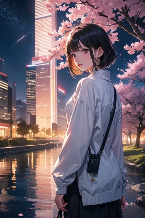  * Basics:
   * A Japanese woman in her 20s with wet black hair and short shaggy hair is standing
   * Future city with cherry blossoms blooming, night, neon,  skyscrapers
   * Sea made of crystals, sunset,  sandy beach, transparent
   * night空にオーロラが輝く雪山, ...