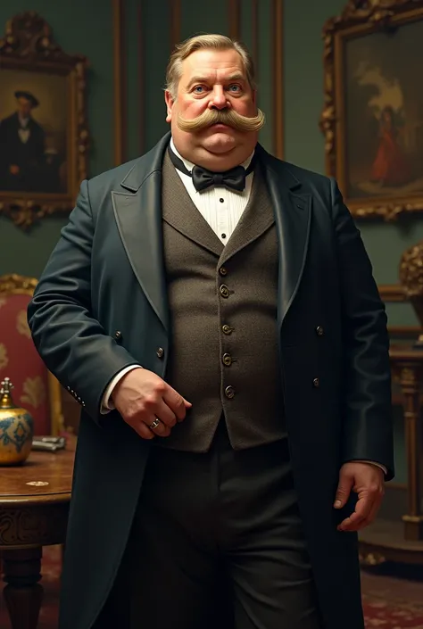 Fat white man from the Victorian era, with mustache and blond hair,  blue eyes
 
