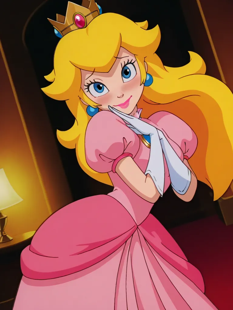 (anime screencap:1.2), blurry background,
1girl, medium breasts, (ArielXL:1.1), long hair,princess peach, blonde hair, blue eyes, long hair,
crown, dress, gem, gloves, pink dress, puffy short sleeves, puffy sleeves, short sleeves, white gloves,
standing,co...