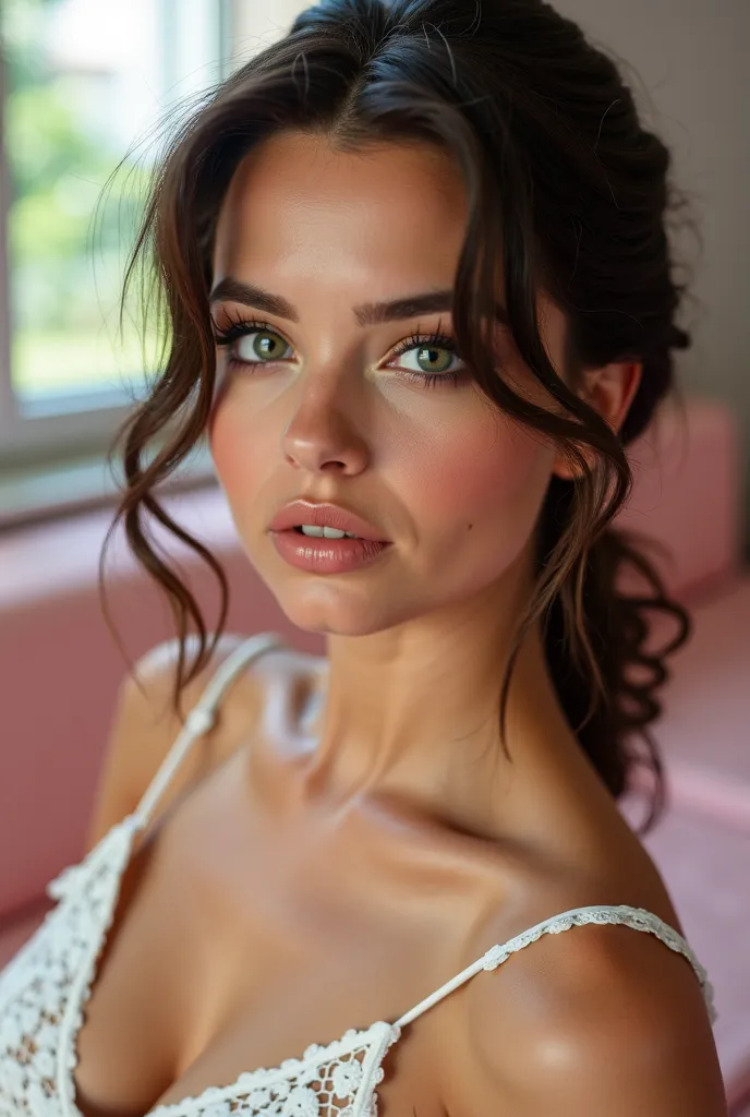 Une belle jeune femme aux yeux vert. Elle a des cheveux lisse et châtains. Un très jolie visage. Elle mesure 1m73. Sa taille de seins est 90D. Elle a de jolies petites fesses rebondit. Elle est allongée sur un lit rose pastel. Bas.  talons hauts 