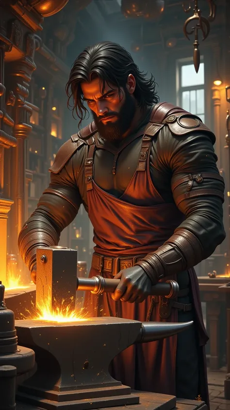 Hephaestus, a rugged and powerful figure, his muscular arms blackened with soot as he hammers molten metal on a glowing anvil. Sparks fly around him, illuminating his forge, which is filled with intricate tools and half-finished creations. His face is weat...