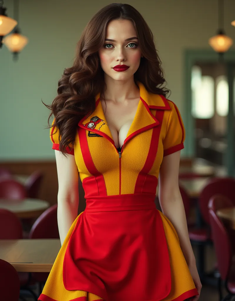 1, she's alone, team high resolution, best quality, HDR, 120,000 pixels , Professional photograph,  hyperrealistic , Kat Dennings, red lipstick, pale skin, she's a waitress in a cafeteria, her uniform is yellow, Details on the shirt collar and sleeves are ...