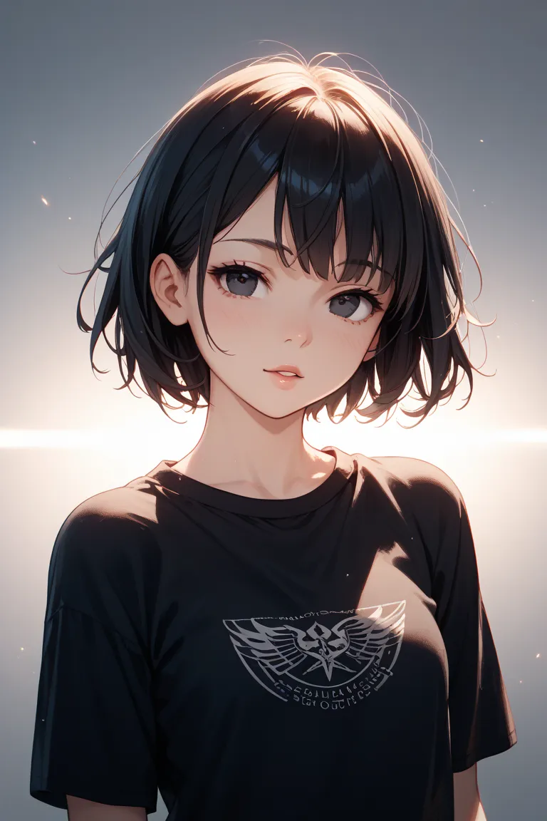 1girl, solo,black hair, short hair, black eyes