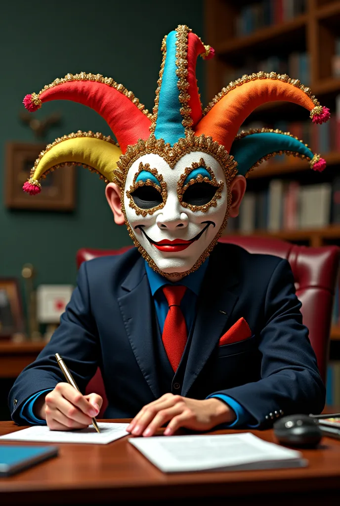 Director at the desk wearing a carnival mask 