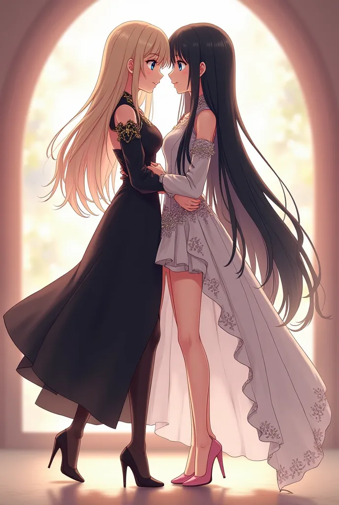 A character with a style similar to this photo. anime, beautiful, wears clothes from medieval times, extremely beautiful high heels,  blue eyes, long black hair. tight and black dress, Long tmb, some parts open. Full body photo while she is hugging a woman...