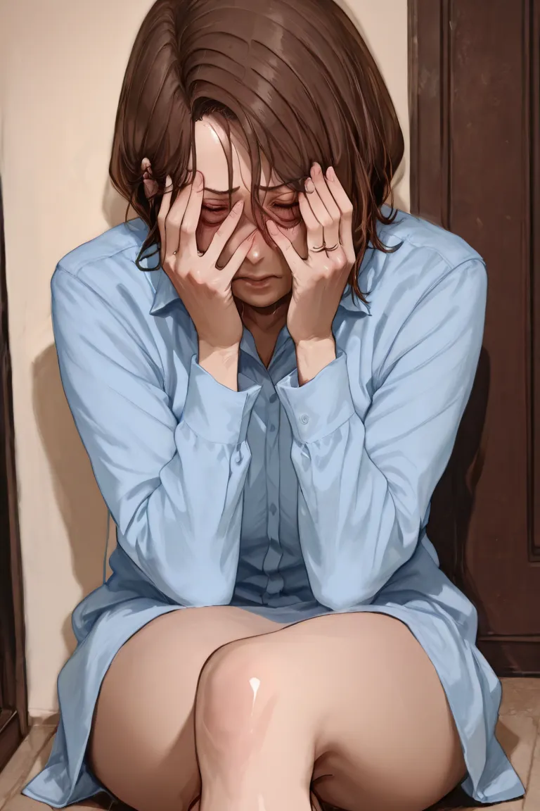  A woman, crying, Legs crossed on the floor, Engagement ring, hands in the eyes 