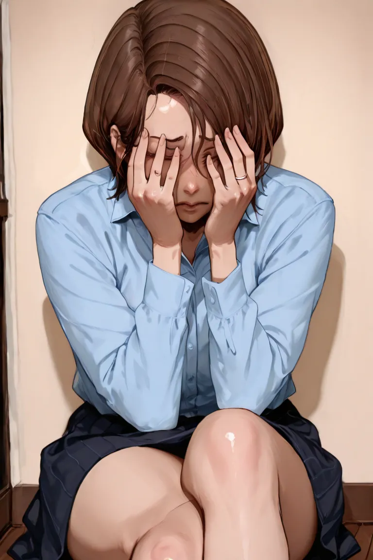  A woman, crying, Legs crossed on the floor, Engagement ring, hands in the eyes 