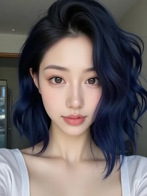 A Filipino girl, K-pop girl, her hair curled, with dark blue hair, tanned skin, brown eyes, ugly, very ugly, big eyes, fierce visual, fits Korean beauty standards 40%, unique visual, considered ugly, big lips, slanted eyes slightly, ugly, instagram photo, ...